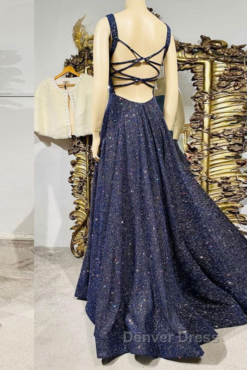 Dark blue sequin long prom Dress , blue Prom Dresses