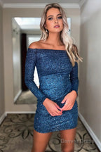 Dark Blue Sequins Long Sleeves Tight Homecoming Dresses