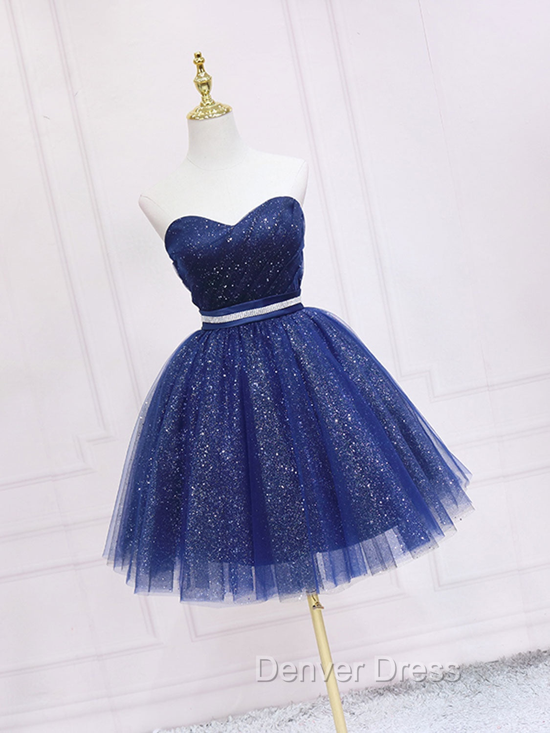 Dark Blue Sweetheart Neck Tulle Sequin Short Prom Dresses Blue Puffy Homecoming Dresses Secondary image