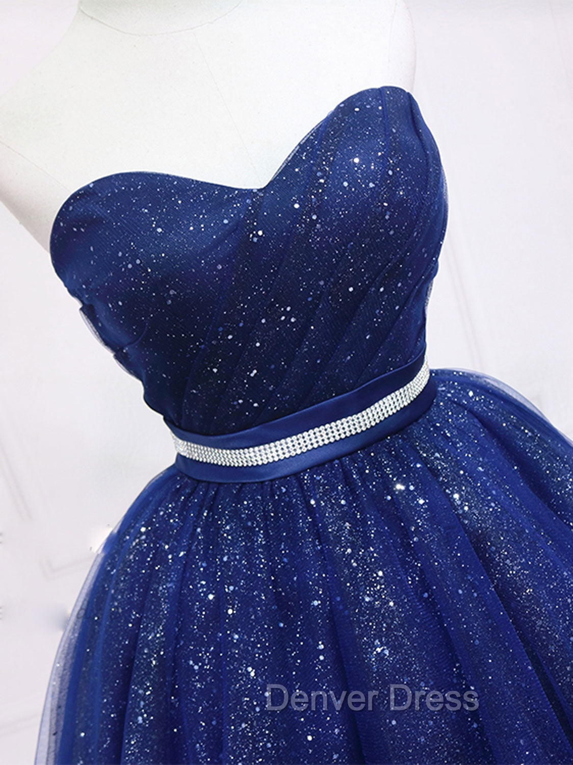 Dark Blue Sweetheart Neck Tulle Sequin Short Prom Dresses Blue Puffy Homecoming Dresses
