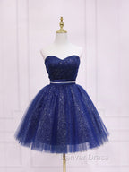 Dark Blue Sweetheart Neck Tulle Sequin Short Prom Dress Blue Puffy Homecoming Dresses