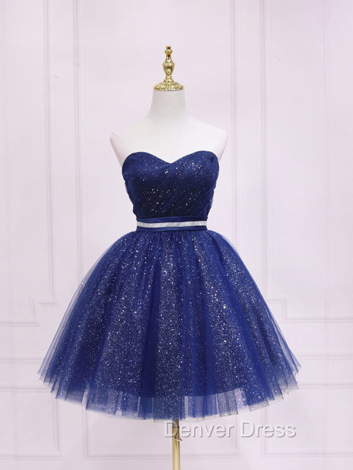 Dark Blue Sweetheart Neck Tulle Sequin Short Prom Dress Blue Puffy Homecoming Dresses