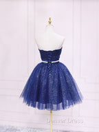 Dark Blue Sweetheart Neck Tulle Sequin Short Prom Dresses Blue Puffy Homecoming Dresses