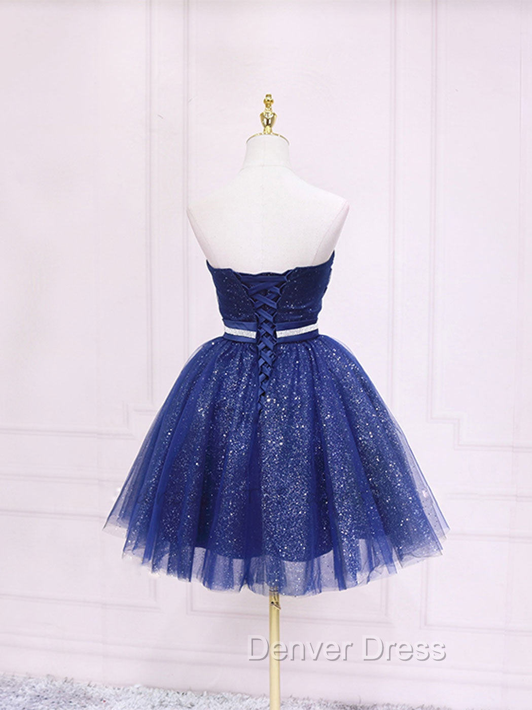 Dark Blue Sweetheart Neck Tulle Sequin Short Prom Dresses Blue Puffy Homecoming Dresses