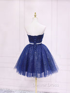Dark Blue Sweetheart Neck Tulle Sequin Short Prom Dress Blue Puffy Homecoming Dresses
