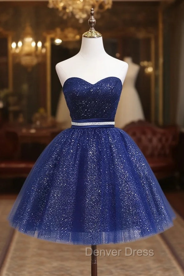 Dark Blue Sweetheart Neck Tulle Sequin Short Prom Dress Blue Puffy Homecoming Dresses Main image