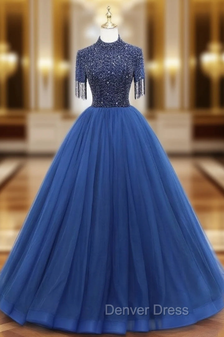 Dark Blue Tulle High Neck Beading Prom Dresses