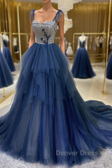 Dark blue tulle lace long prom Dresses, blue tulle formal Dresses