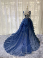 Dark blue tulle lace long prom Dress, blue tulle Prom Dresses