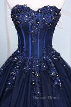 Dark Blue Tulle Lace Princess Dress, A Line Strapless Long Prom Dresses
