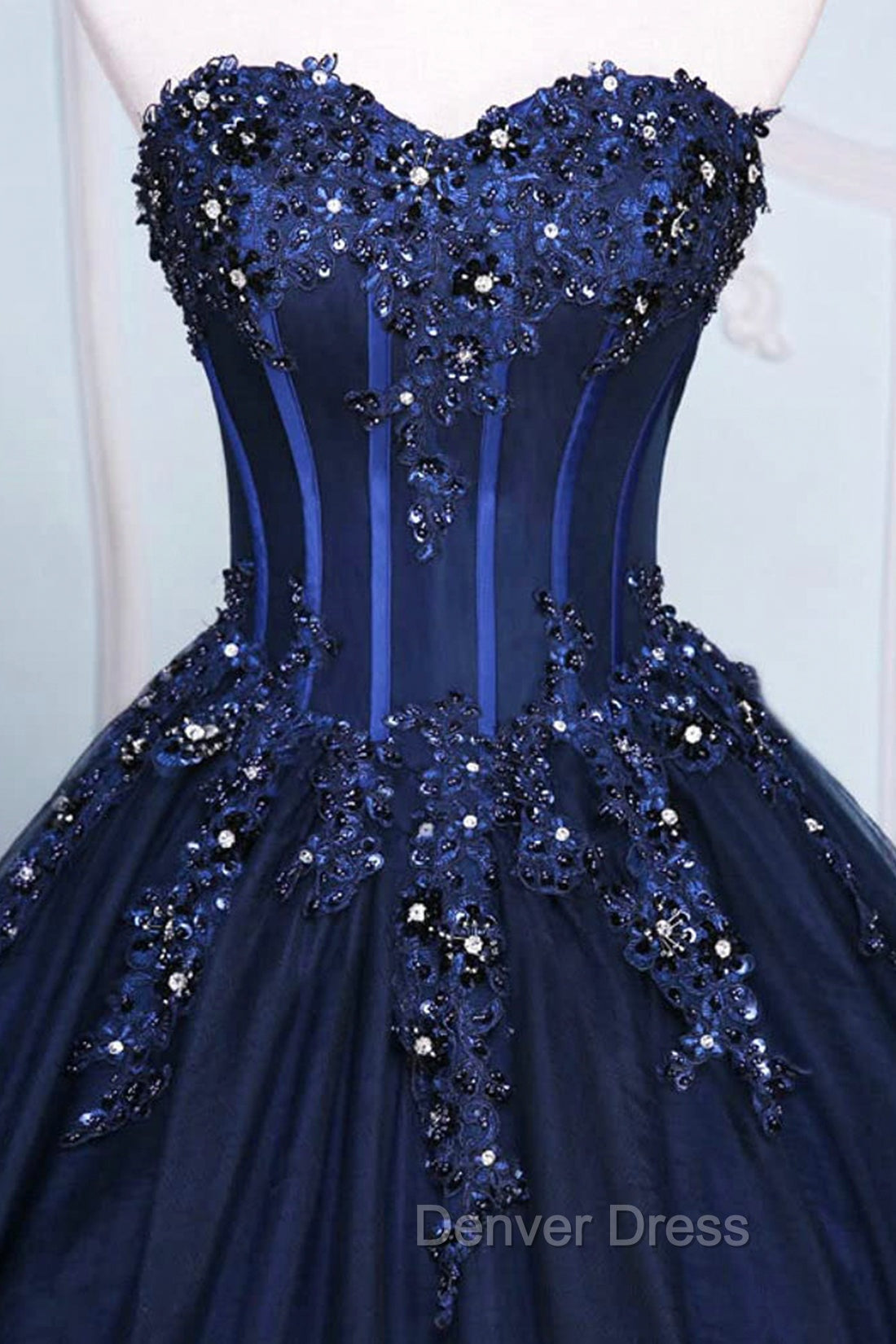 Dark Blue Tulle Lace Princess Dress, A Line Strapless Long Prom Dresses