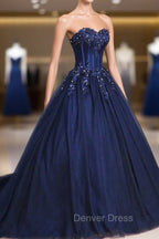 Dark Blue Tulle Lace Princess Dress, A Line Strapless Long Prom Dresses