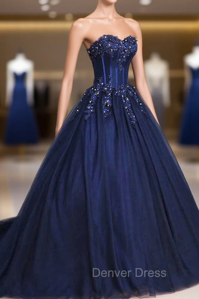 Dark Blue Tulle Lace Princess Dress, A Line Strapless Long Prom Dresses