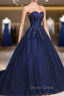 Dark Blue Tulle Lace Princess Dress, A Line Strapless Long Prom Dresses