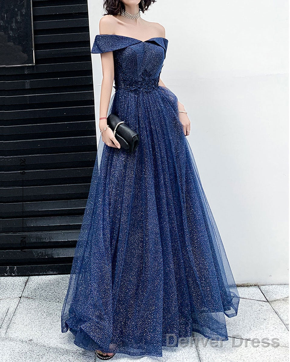 Dark Blue Tulle Long Prom Dress, A Line Tulle Off Shoulder Blue Wedding Prom Dresses Secondary image
