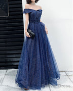 Dark Blue Tulle Long Prom Dress, A Line Tulle Off Shoulder Blue Wedding Prom Dresses