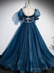 Dark Blue Tulle Long Prom Dress,  Blue Tulle Sweet 16 Dress