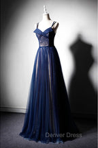 Dark Blue Tulle Long Prom Dress, Dark Blue Prom Dresses
