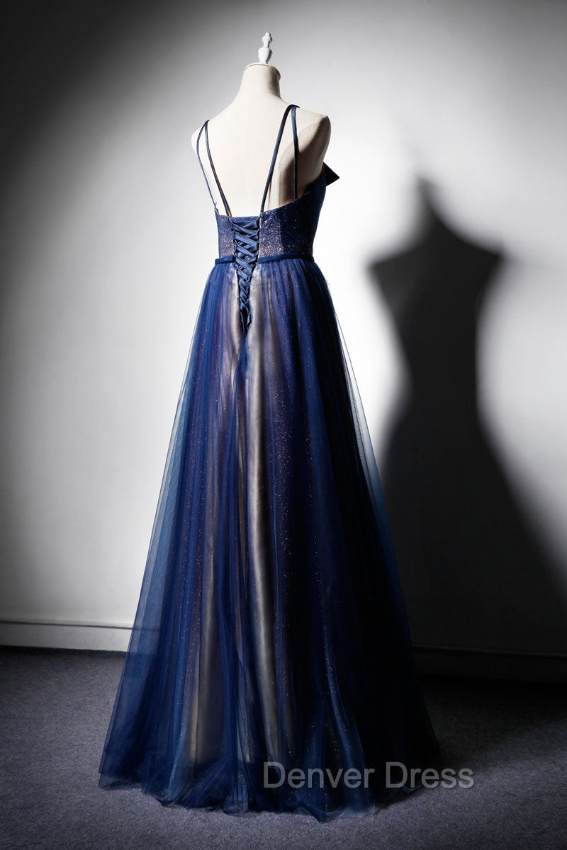 Dark Blue Tulle Long Prom Dress, Dark Blue Prom Dresses