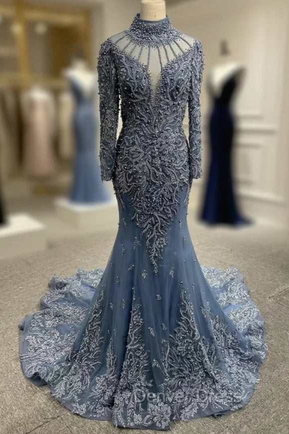 Dark Blue Tulle Mermaid Beading Prom Dresses