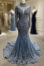 Dark Blue Tulle Mermaid Beading Prom Dresses