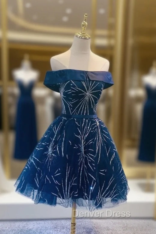 Dark Blue Tulle Off Shoulder Knee Length Party Dresses, Blue Homecoming Dresses