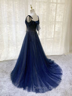 Dark Blue Tulle Sequin Long Prom Dresses, Blue Tulle Formal Dresses