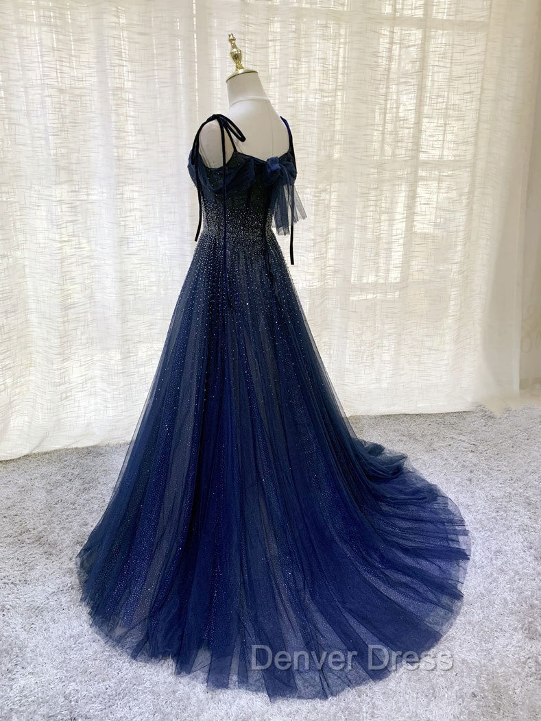 Dark Blue Tulle Sequin Long Prom Dresses, Blue Tulle Formal Dresses