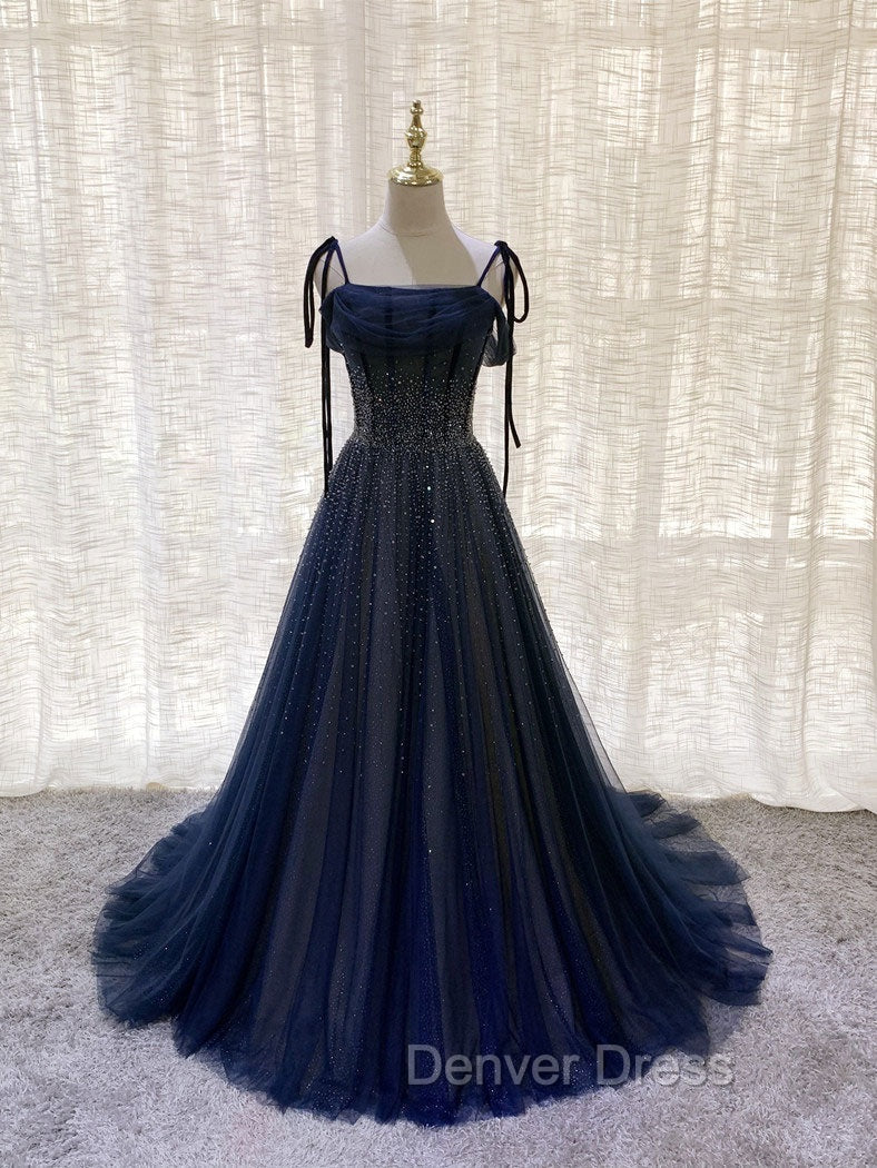 Dark Blue Tulle Sequin Long Prom Dresses, Blue Tulle Formal Dresses Main image