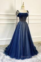 Dark Blue Tulle Sequin Long Prom Dress A Line Birthday Prom Dresses