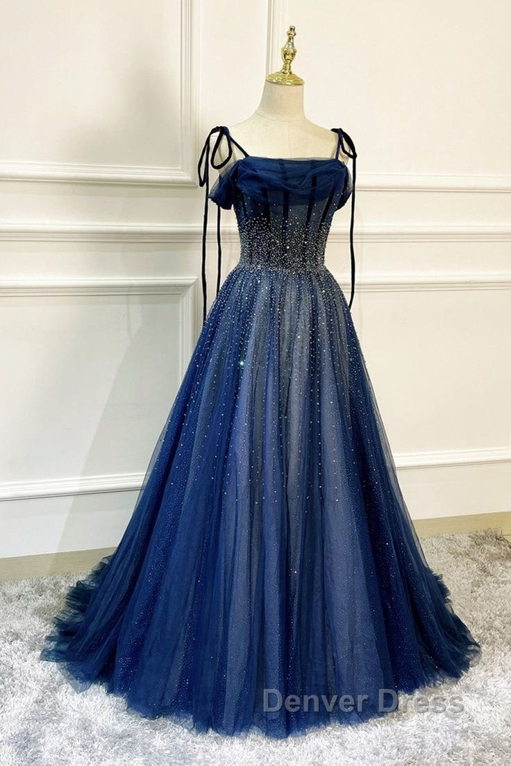 Dark Blue Tulle Sequin Long Prom Dress A Line Birthday Prom Dresses