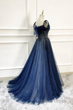 Dark Blue Tulle Sequin Long Prom Dress A Line Birthday Prom Dresses