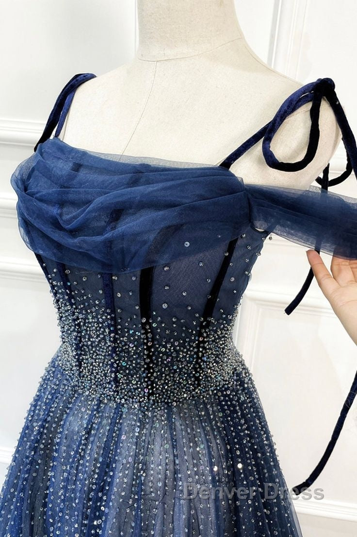 Dark Blue Tulle Sequin Long Prom Dress A Line Birthday Prom Dresses