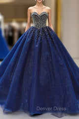 Dark Blue Tulle Sweetheart Beading Sequins Haute Couture Prom Dresses