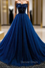 Dark Blue Tulle Velvet Beading Strapless Prom Dresses