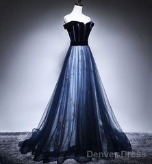 Dark Blue Tulle Velvet Long Prom Dress, Blue Evening Dress
