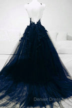 Dark Blue Tulle With Lace Long Prom Dress, A Line Dark Blue Prom Dresses