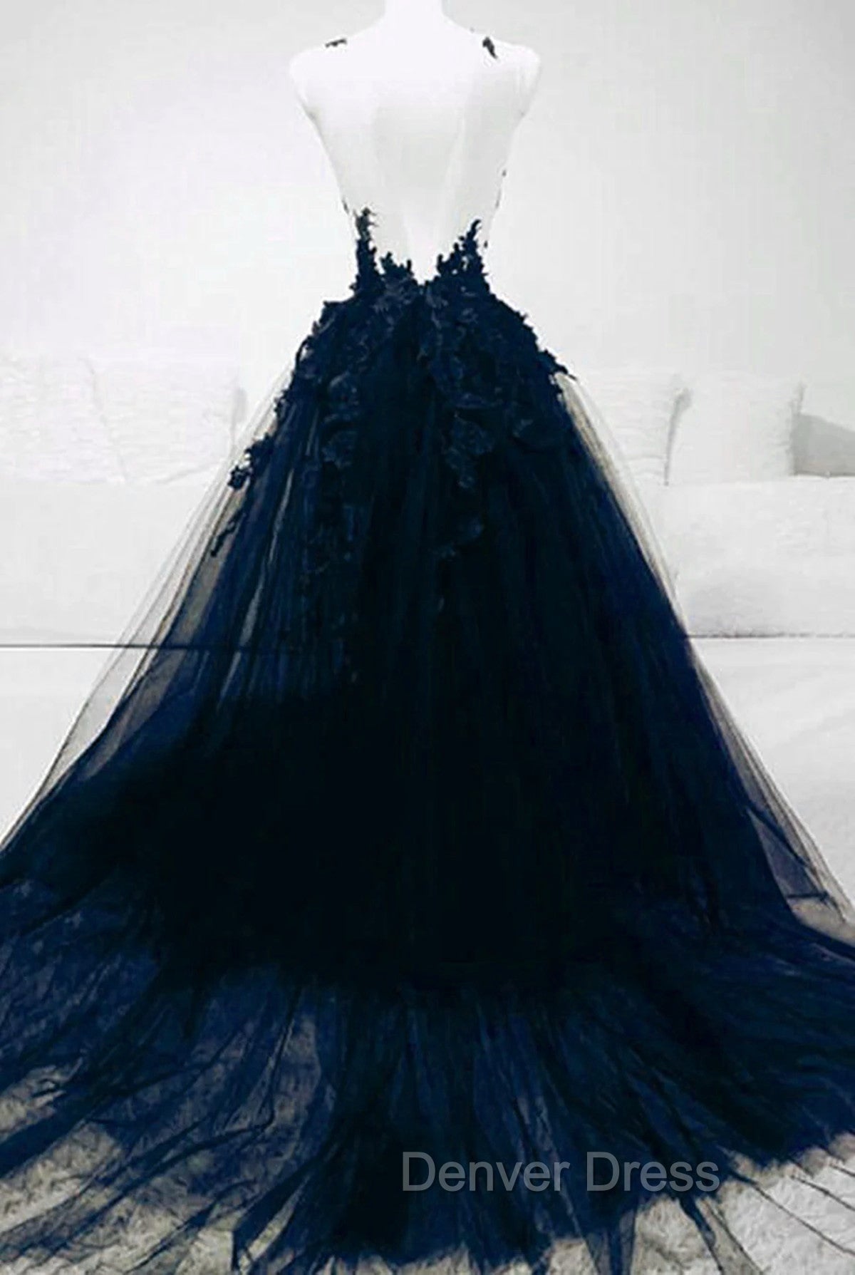 Dark Blue Tulle With Lace Long Prom Dress, A Line Dark Blue Prom Dresses