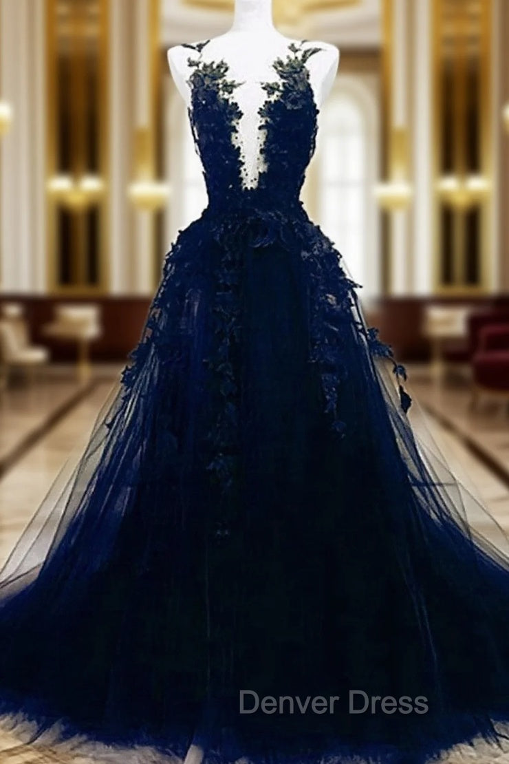 Dark Blue Tulle With Lace Long Prom Dress, A Line Dark Blue Prom Dresses