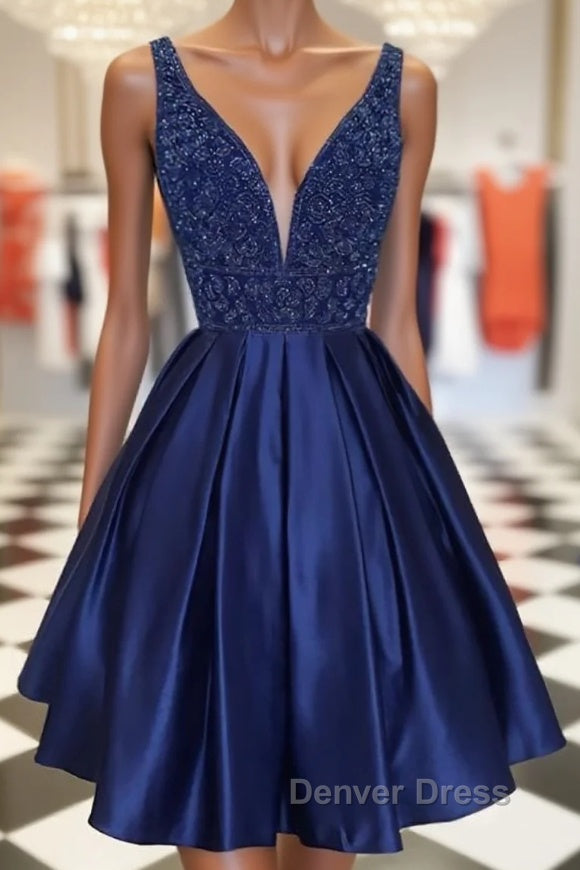 Dark blue v neck beads satin short prom Dress, blue homecoming Dresses