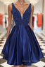 Dark blue v neck beads satin short prom Dress, blue homecoming Dresses