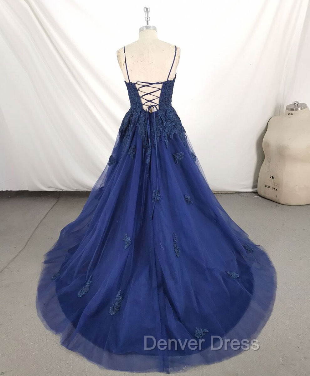 Dark Blue V Neck Tulle Lace Long Prom Dress Blue Lace Bridesmaid Dresses Secondary image