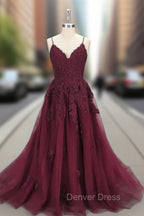 Dark Blue V Neck Tulle Lace Long Prom Dress Blue Lace Bridesmaid Dresses