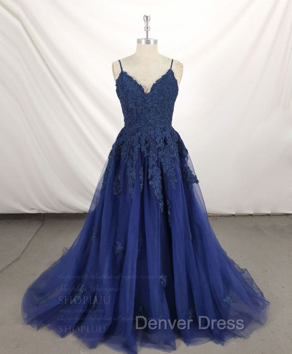 Dark Blue V Neck Tulle Lace Long Prom Dress Blue Lace Bridesmaid Dresses Main image