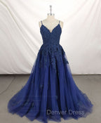 Dark Blue V Neck Tulle Lace Long Prom Dress Blue Lace Bridesmaid Dresses