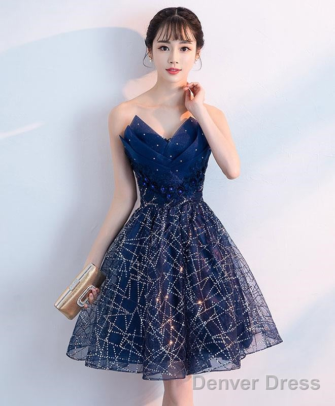 Dark Blue V Neck Tulle Sequin Short Prom Dress, Blue Homecoming Dresses S94