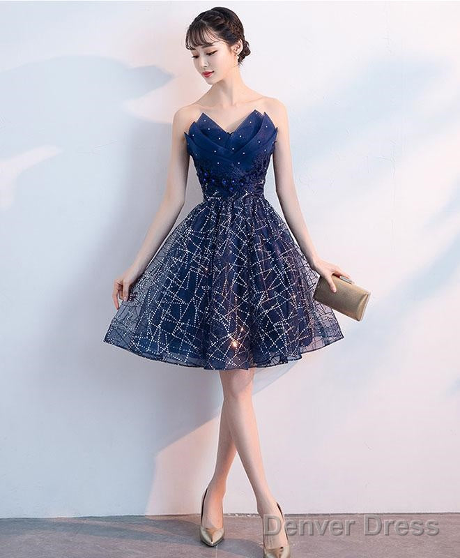 Dark Blue V Neck Tulle Sequin Short Prom Dress, Blue Homecoming Dresses S94 Main image