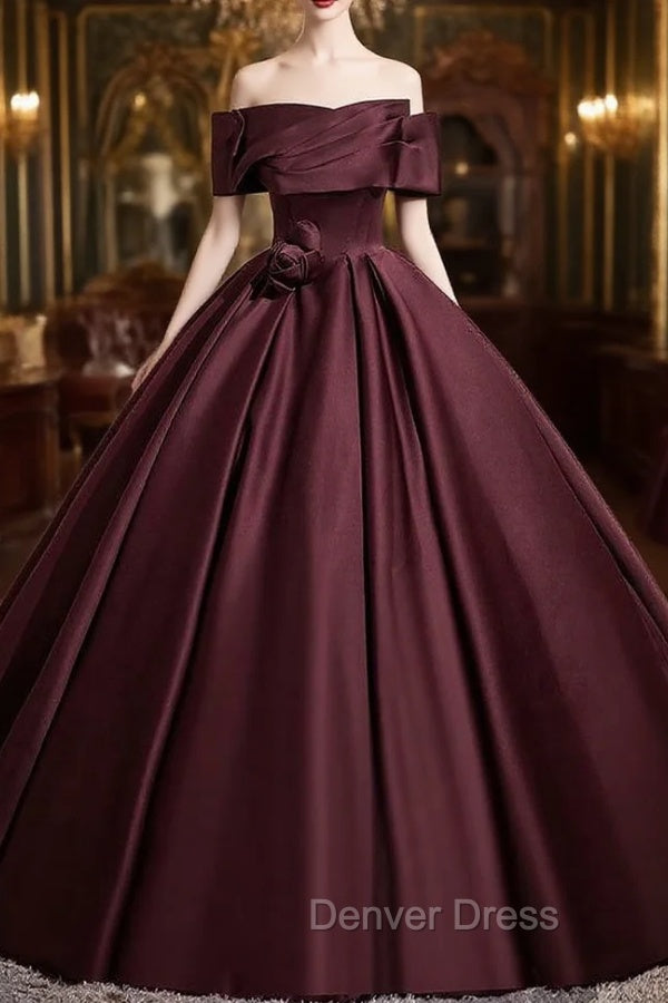 Dark Burgundy Satin Off the Shoulder Pleats Prom Dresses