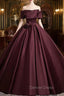 Dark Burgundy Satin Off the Shoulder Pleats Prom Dresses