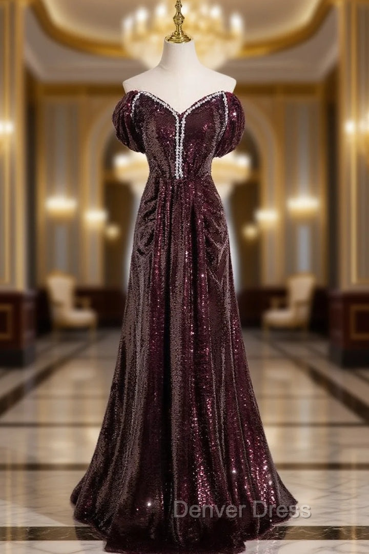Dark Burgundy Sequins Off the Shoulder Prom Dresses